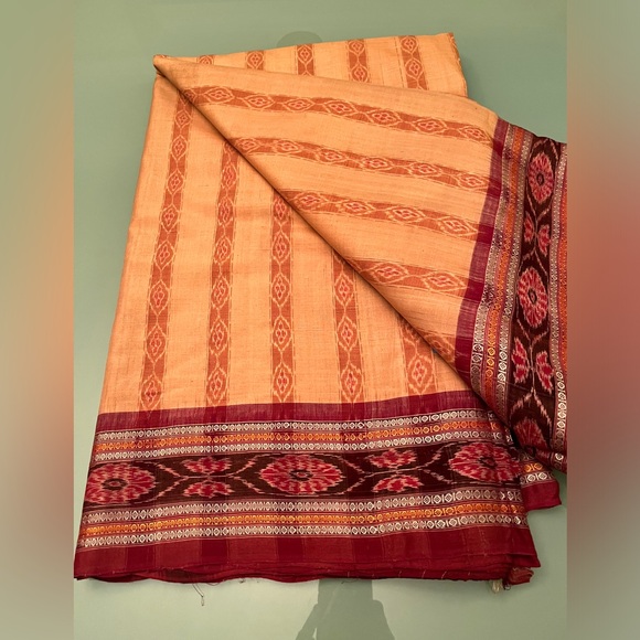 Fabindia style Ikat handwoven 100% cotton stunning saree salmon 🍣 & burgundy NEW - Picture 4 of 15
